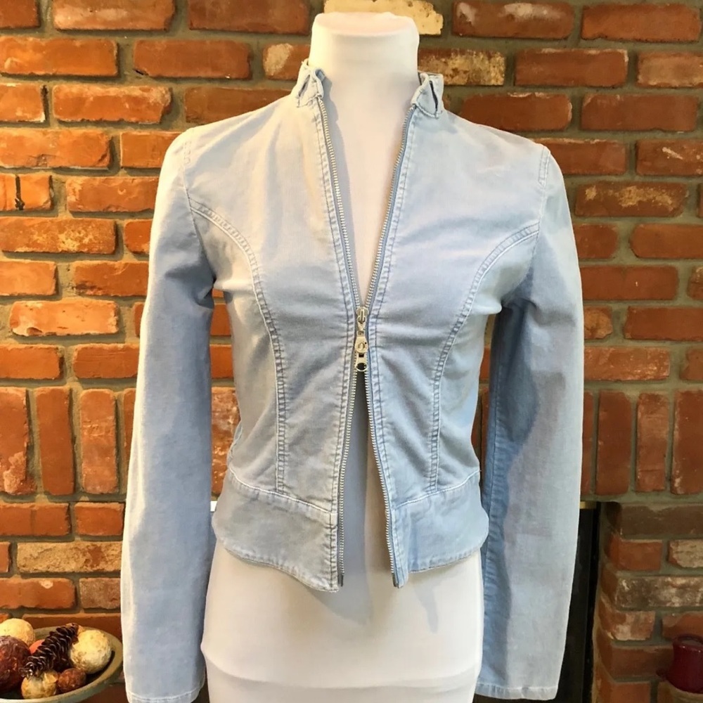 JLo sz Small BoHo CHIC Power Blue Stretch Cord 2 way Zip Accent Jacket - Picture 4 of 9
